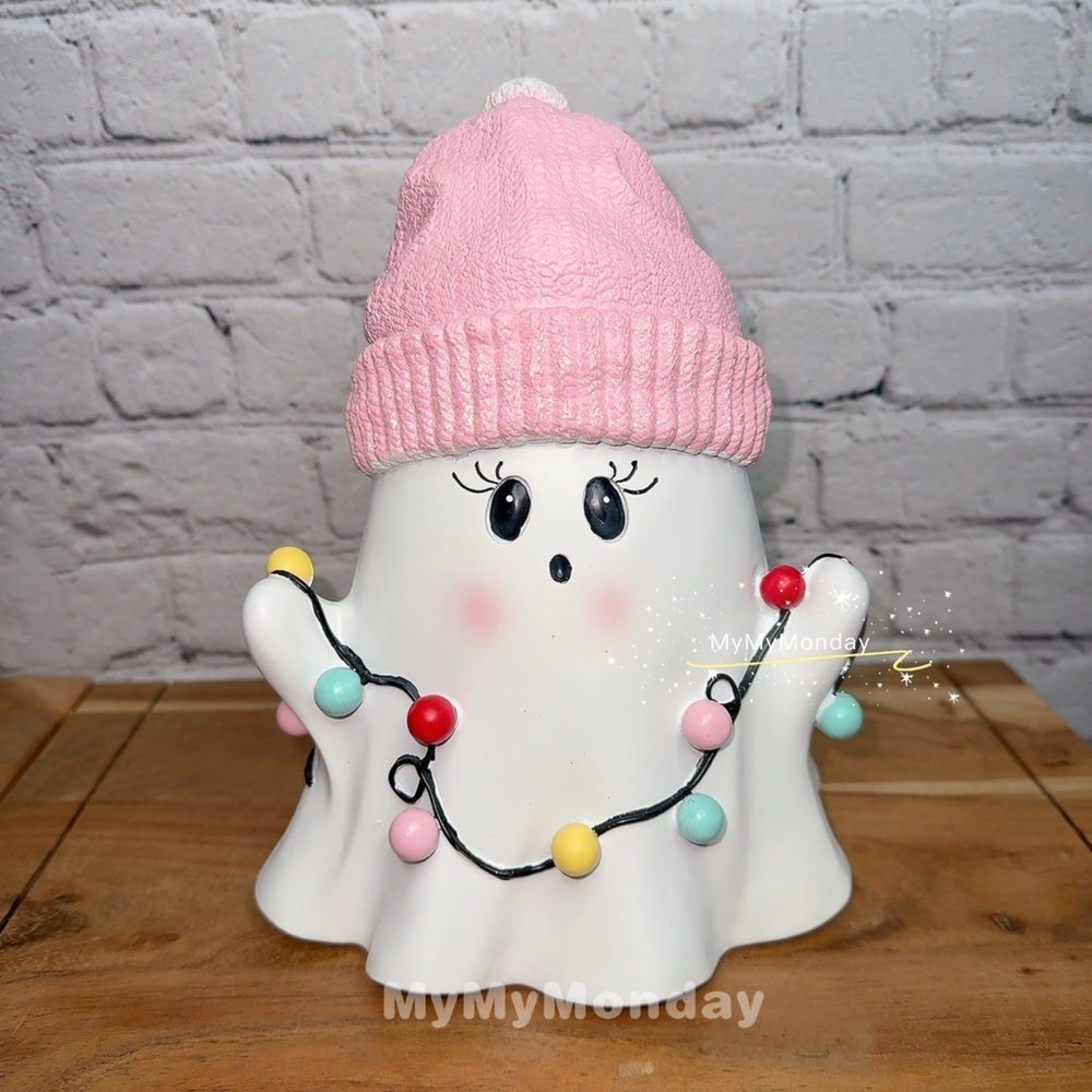 Christmas Ghost with Pink Beanie and Lights